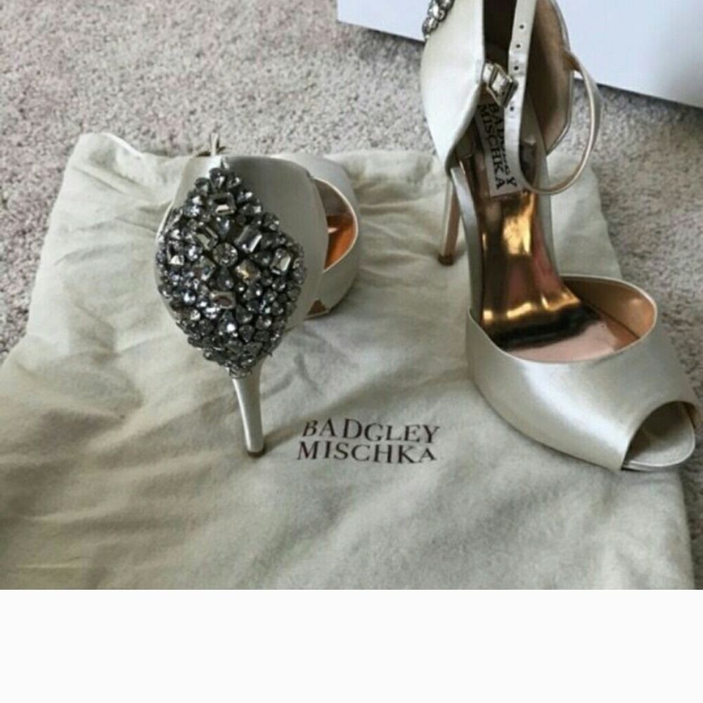 Badgley Mischka Silver Embellished Peep Toe Heels, Great Condition, Worn Once.